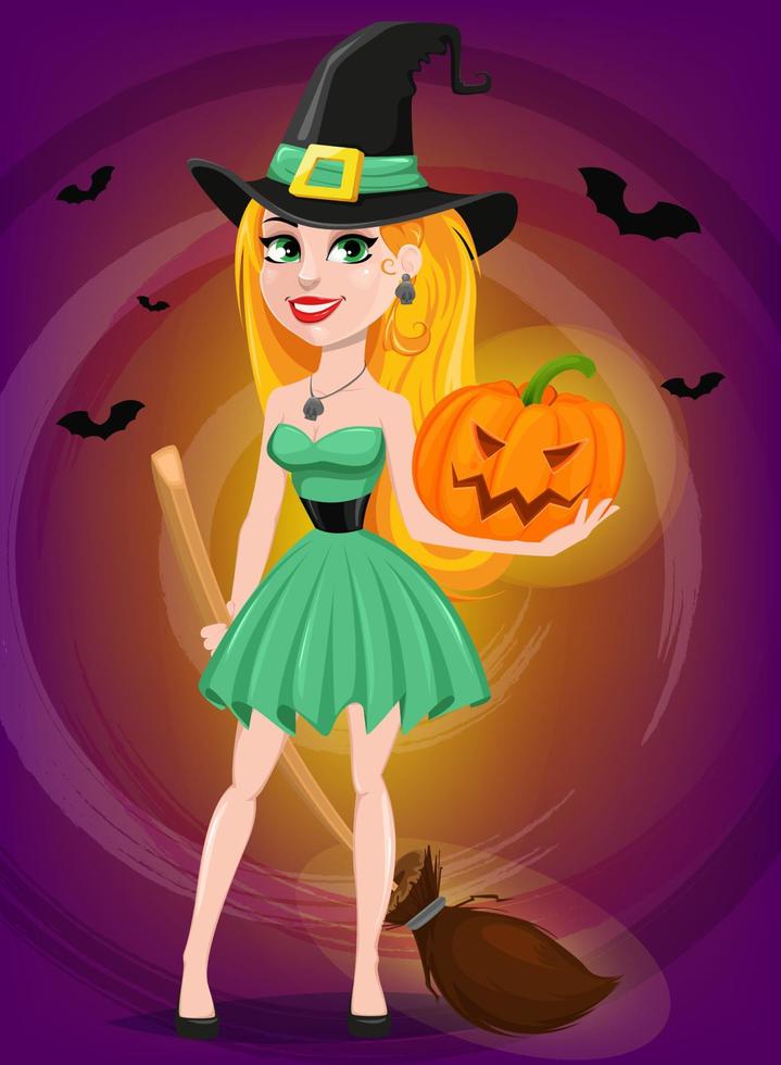 Halloween greeting card. Beautiful lady witch wearing pilgrim hat and holding broom and pumpkin. vector