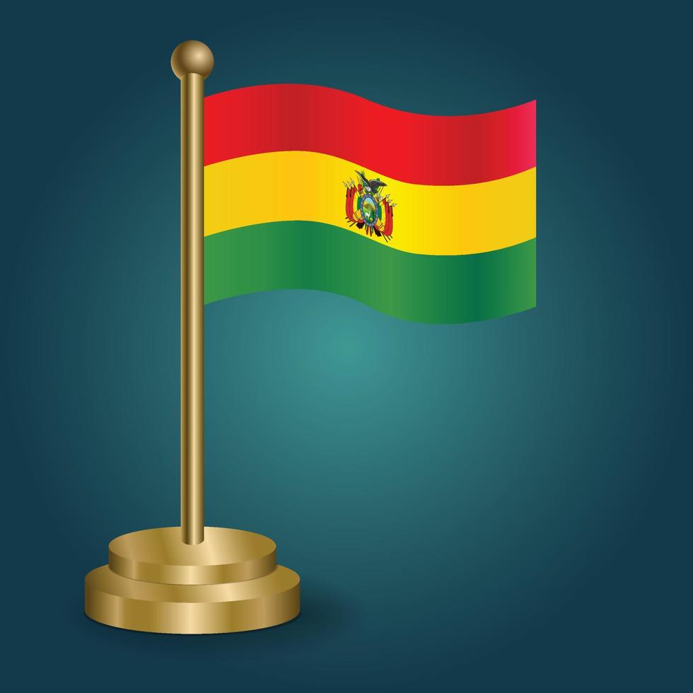 Bolivia national flag on golden pole on gradation isolated dark background. table flag, vector illustration