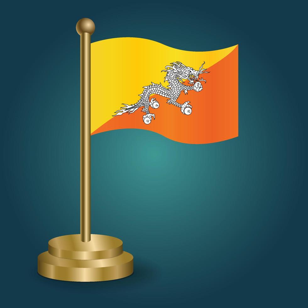 Bhutan national flag on golden pole on gradation isolated dark background. table flag, vector illustration