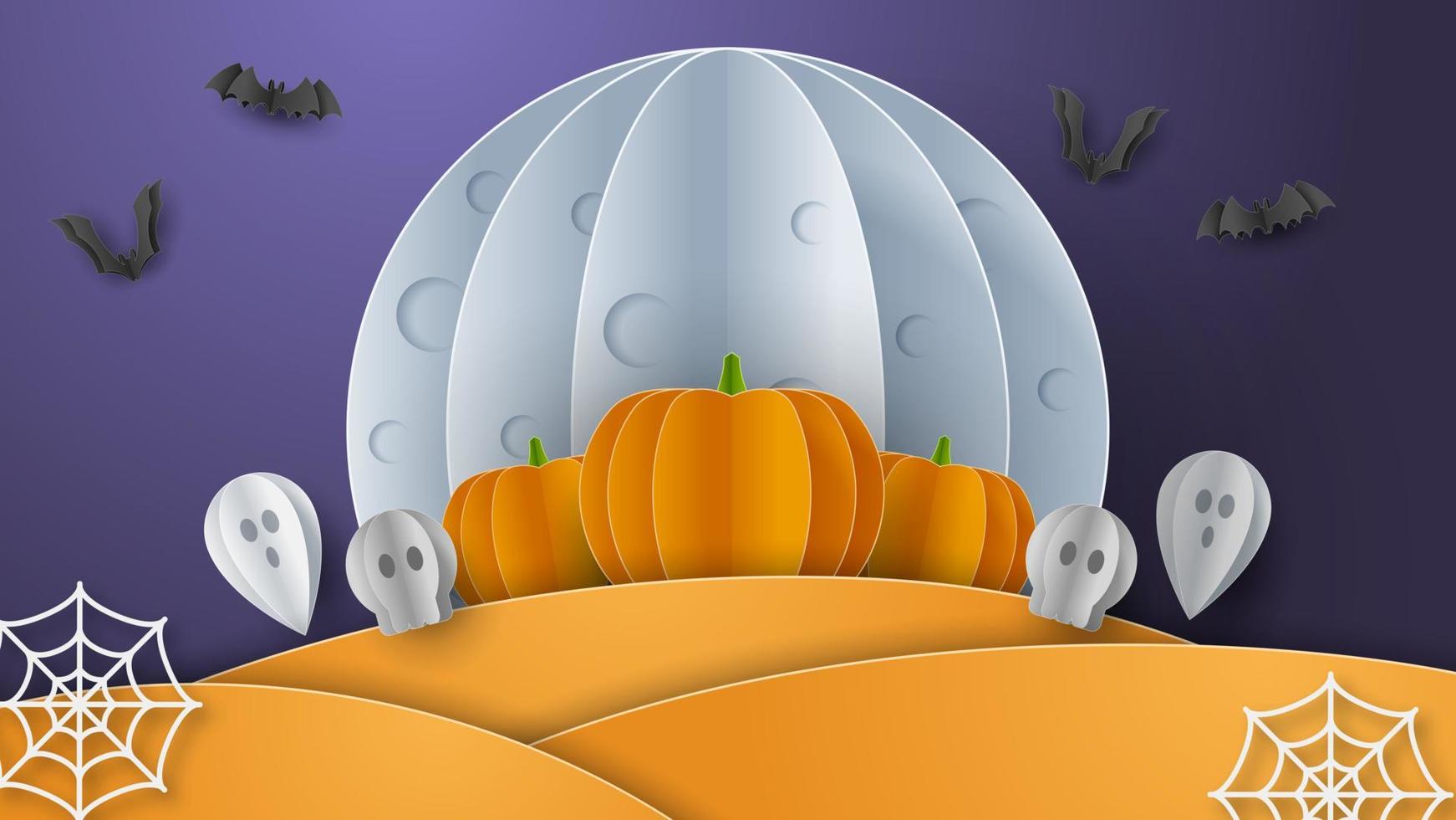 Happy Halloween banner background with clouds and pumpkins in paper cut style. Full moon in the sky, spiders web, skull, ghost and flying bats. Vector Illustration