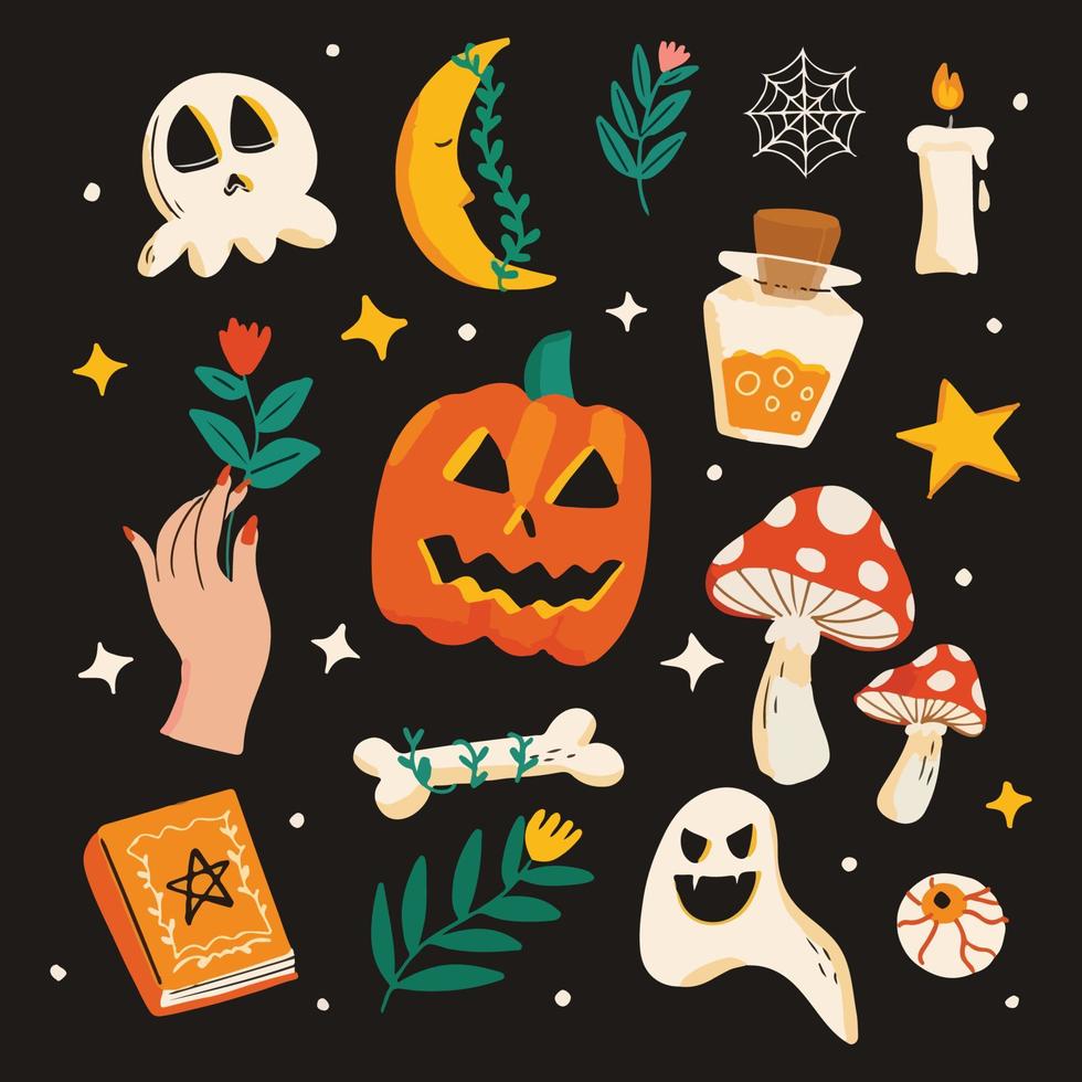 Halloween Cartoon Illustration Sticker Pack Spooky Flat Design Trick Or Treats Event vector