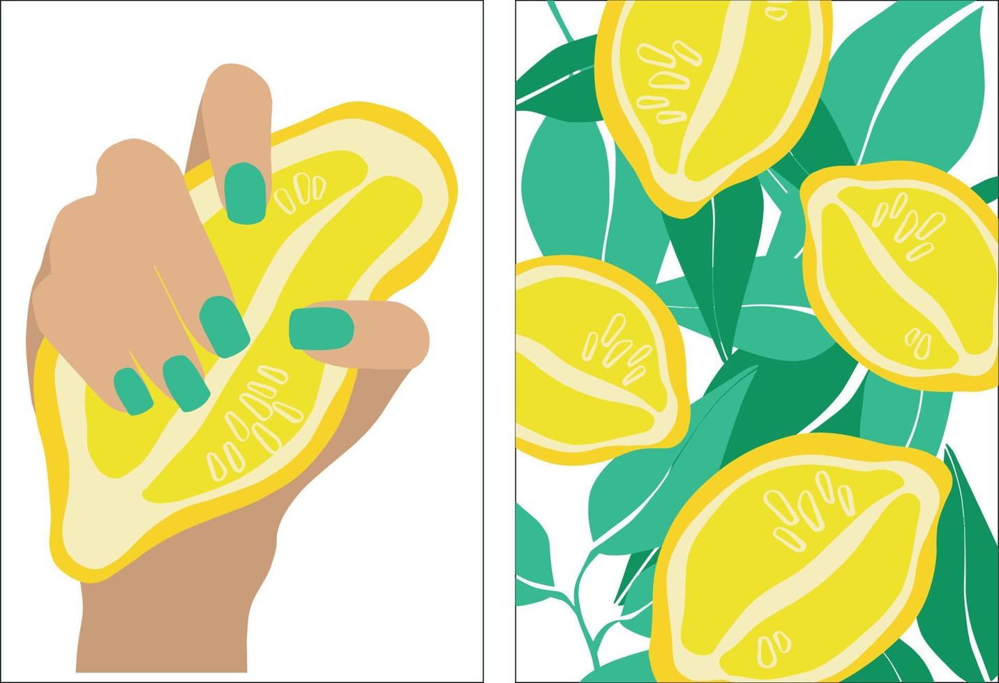 Lemon in modern style. A woman's hand with a manicure holds a lemon. Vector illustration poster set. Modern contemporary fashion vector illustration. Minimal abstract background. Print design.