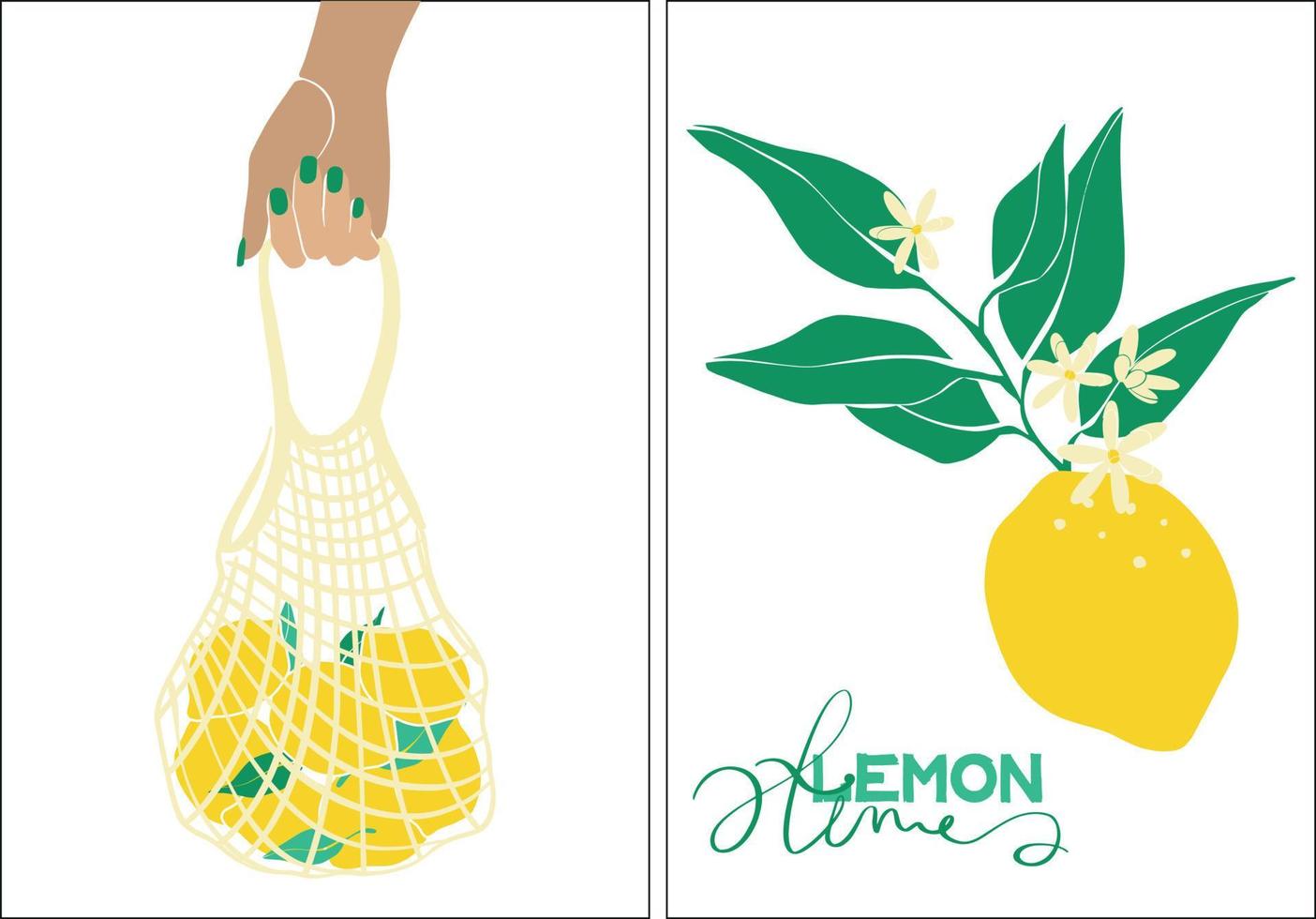 Set of eco shopping bags with lemons. A woman's hand holds a net with lemons. Zero waste, no plastic concept. Fruit from the local market. Color fashion vector illustration. Cartoon style. flat design