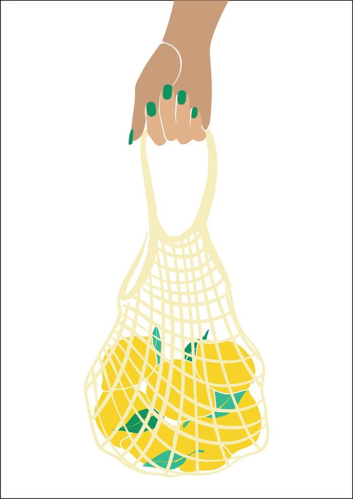 Eco bag mesh string bag with lemons and leaves. A woman's hand holds a string bag with lemons. Zero waste, no plastic concept. Fruit from the local market. Fashion color vector illustration.