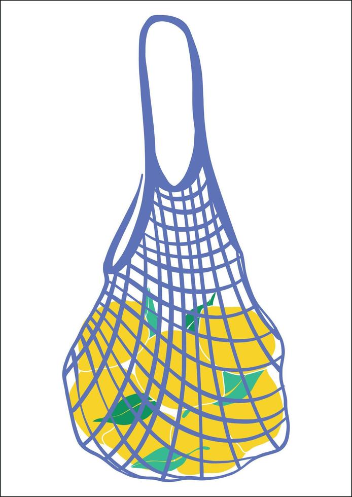 Eco bag mesh string bag with lemons and leaves. Reusable shopping bag. Zero waste, no plastic concept. Fruit from the local market. Fashion color vector illustration. Cartoon style. Vector flat.