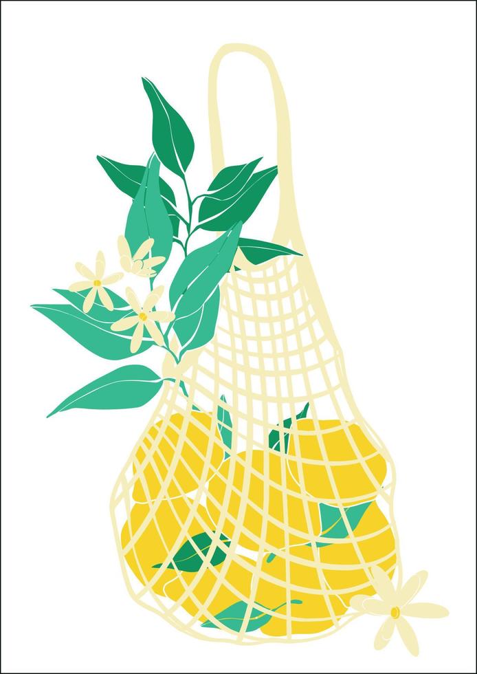 Eco bag mesh string bag with lemons and leaves. Reusable shopping bag. Zero waste, no plastic concept. Fruit from the local market. Fashion color vector illustration. Cartoon style. Vector flat.