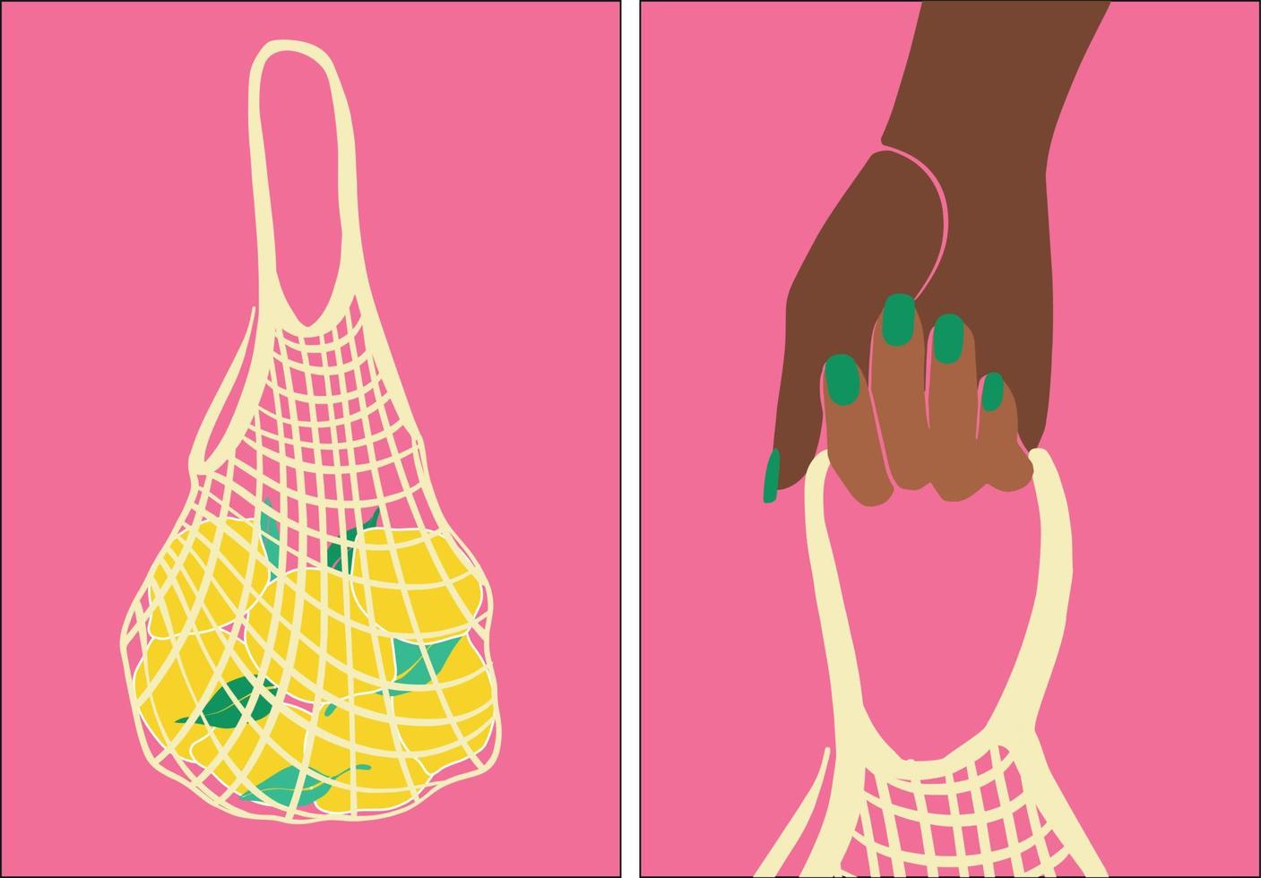 Set of eco shopping bags with lemons. A dark-skinned woman's hand holds a net with lemons. Zero waste, no plastic concept. Fruit from the local market. Color fashion vector illustration. flat design