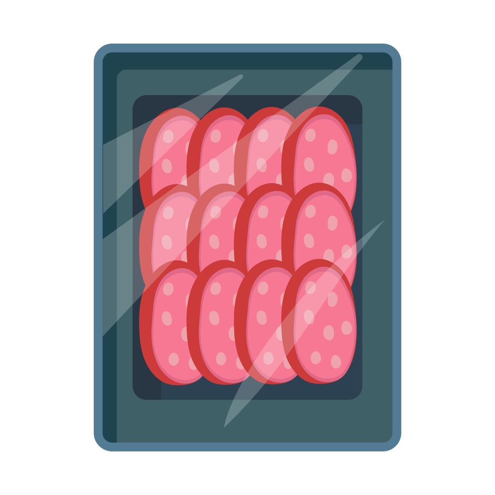 Cartoon meat tray. Frozen food in transparent plastic packaging. Fresh meat deli container icon for supermarket. Food box isolated on white background vector illustration