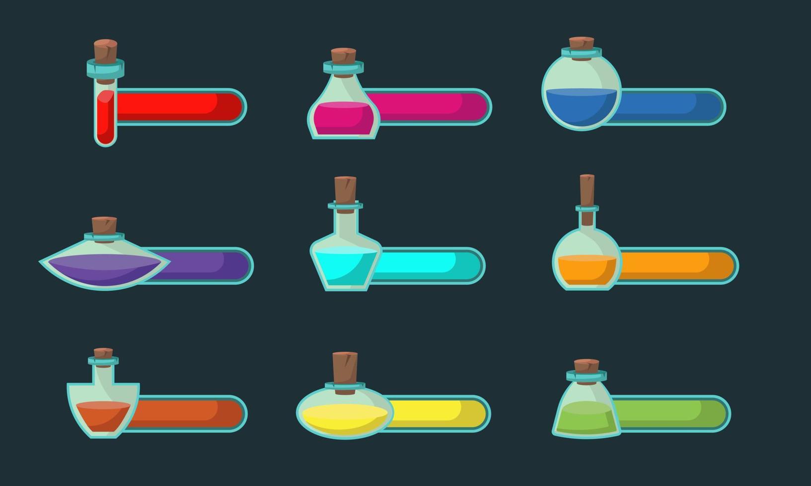 Set game icons of bottles with poison or elixir and status indicator. GUI bar element for game design and collection of magical liquids in glass bottles. Vector illustration for mobile video game