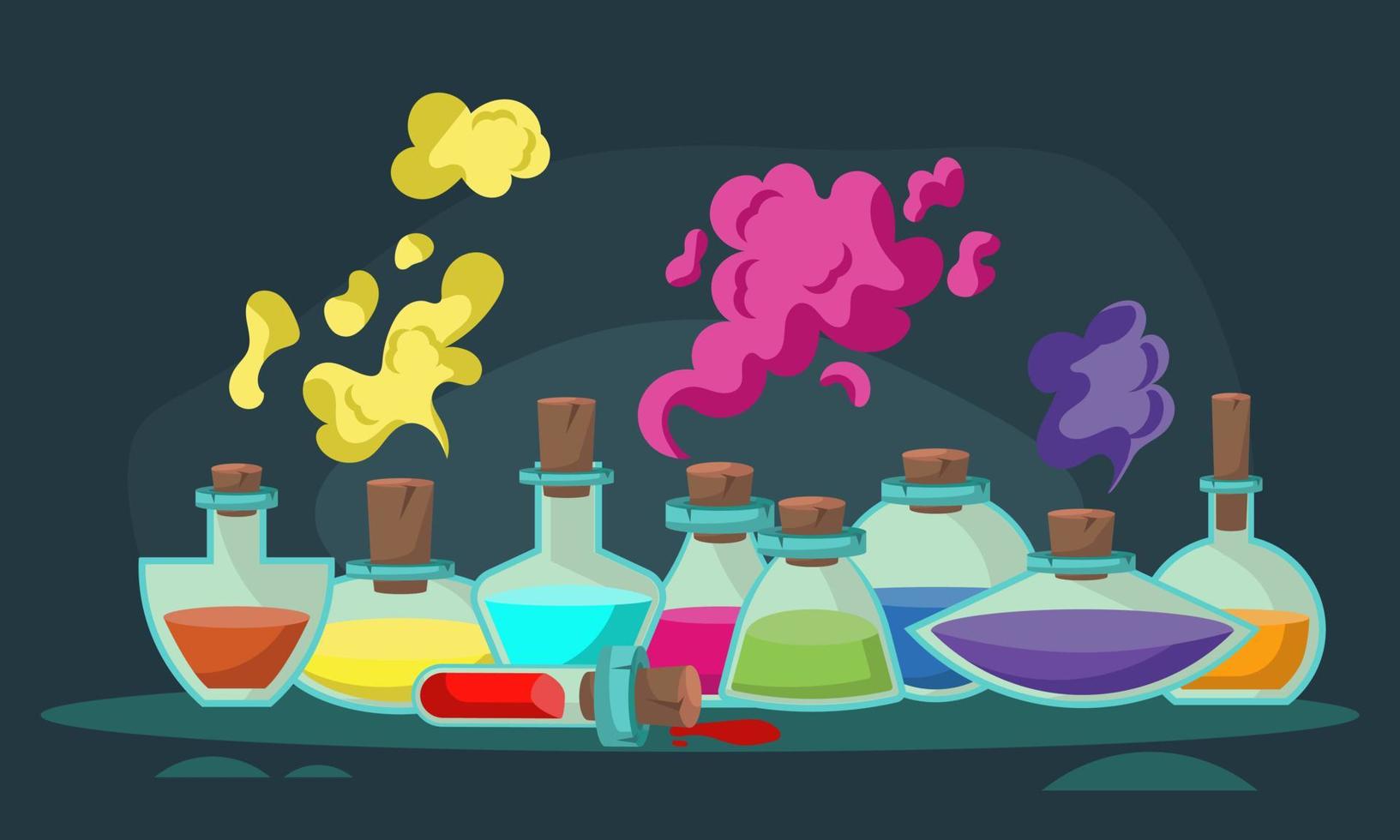 Game icons of bottles with poison or elixir. Cartoon container for health or energy. Collection magical liquid in glass bottles with corks. Vector illustration of magic items or wizard toxic object.
