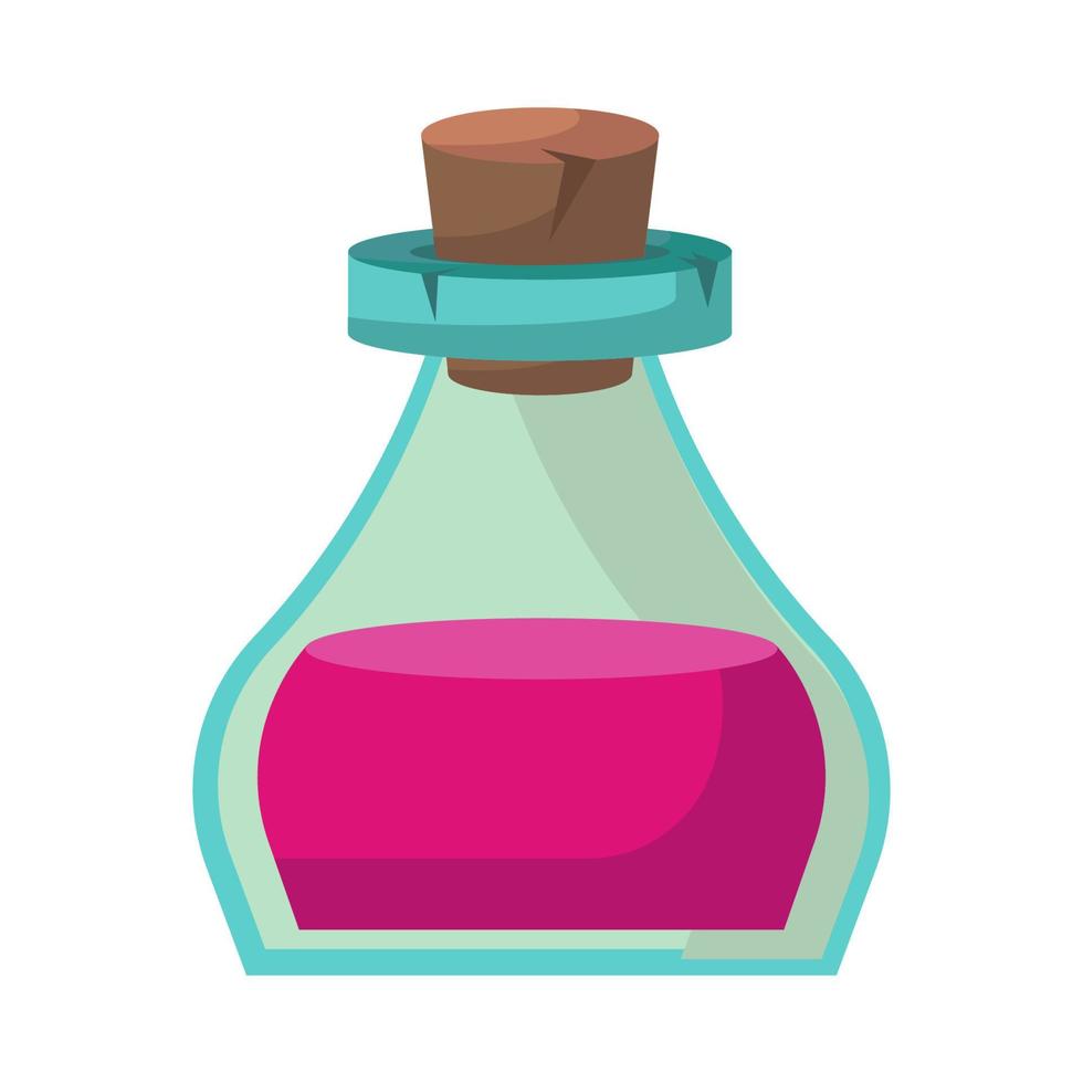 Game icon of bottle with poison or elixir. Cartoon container for health or energy. Magical liquid in glass bottle with cork. Vector illustration of magic item or wizard toxic object.