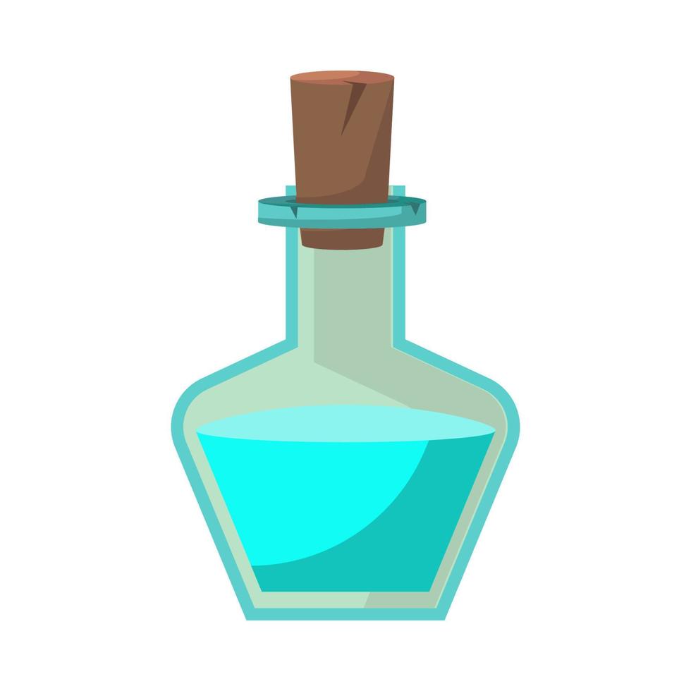 icono de juego de botella con veneno o elixir. contenedor de dibujos animados para la salud o la energía. líquido mágico en botella de vidrio con corcho. ilustración vectorial de objeto mágico o objeto tóxico asistente. vector