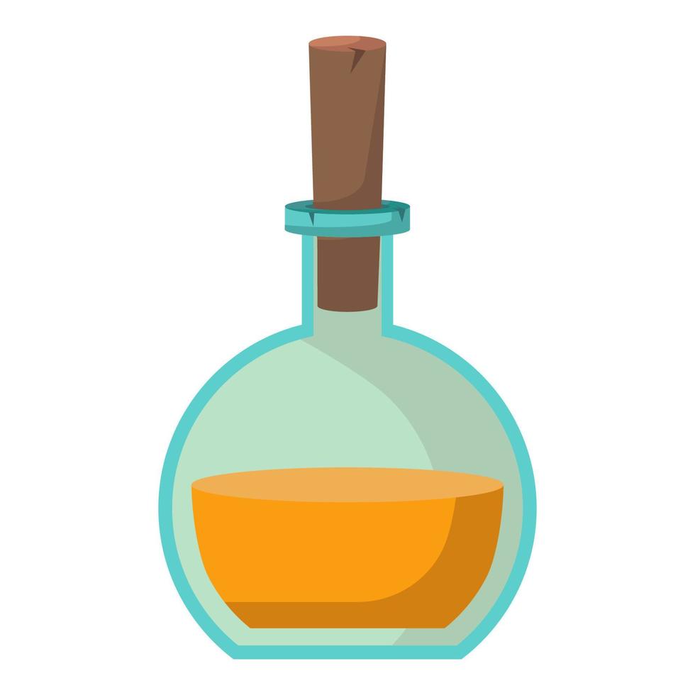 Game icon of bottle with poison or elixir. Cartoon container for health or energy. Magical liquid in glass bottle with cork. Vector illustration of magic item or wizard toxic object.