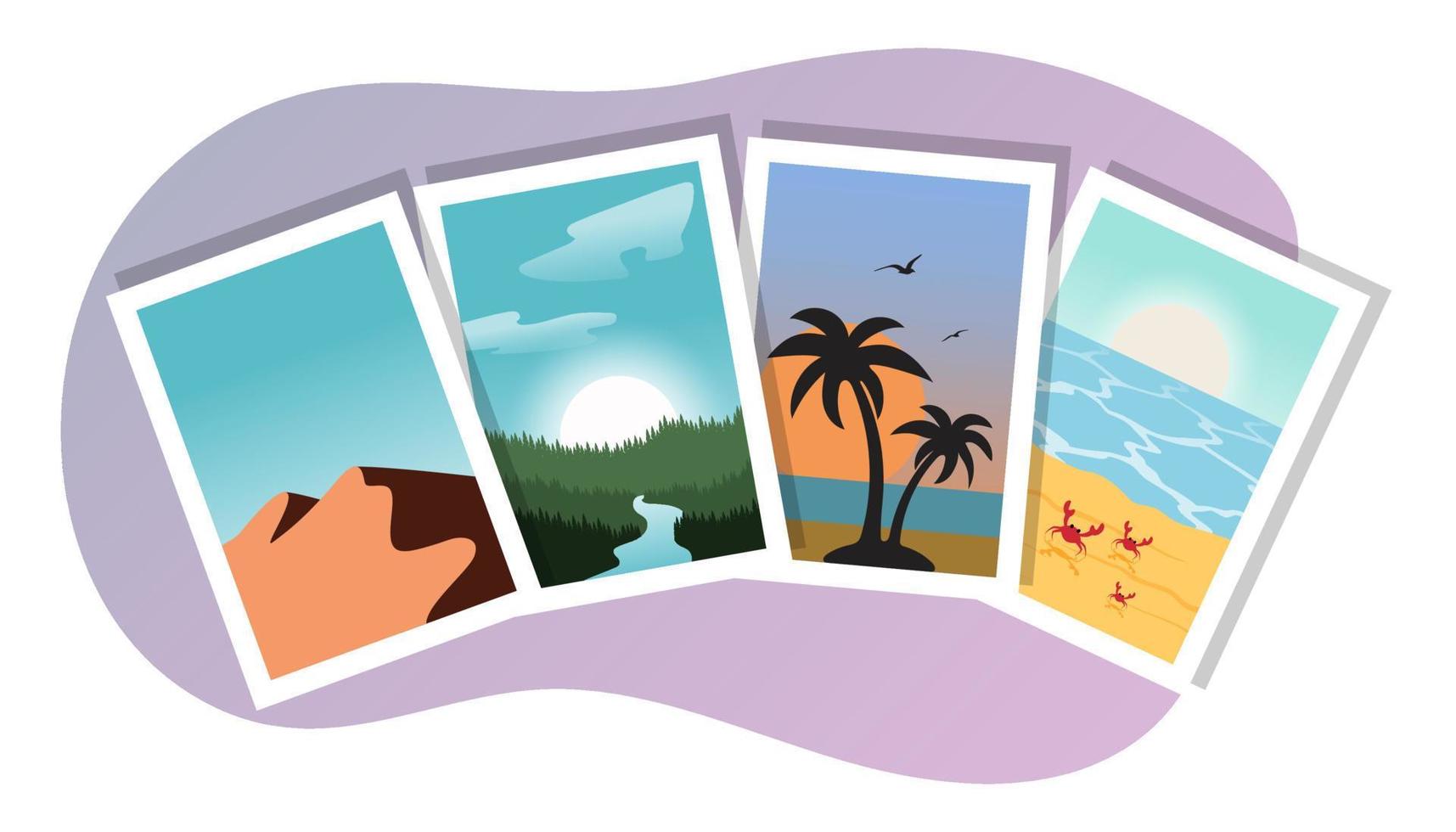 Holiday photos, atmospheric photos. Beach, desert, mountains, palm trees vector