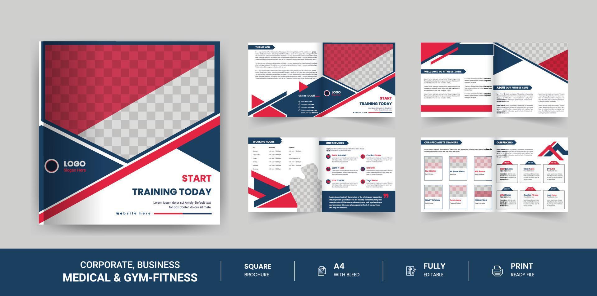 Gym and Fitness corporate square design template 8 Pages vector