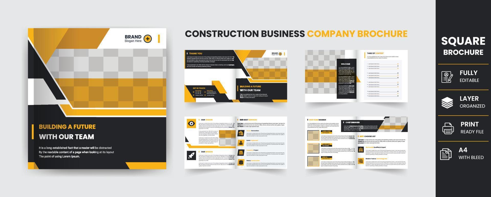 Construction square company brochure design template 8 Pages vector