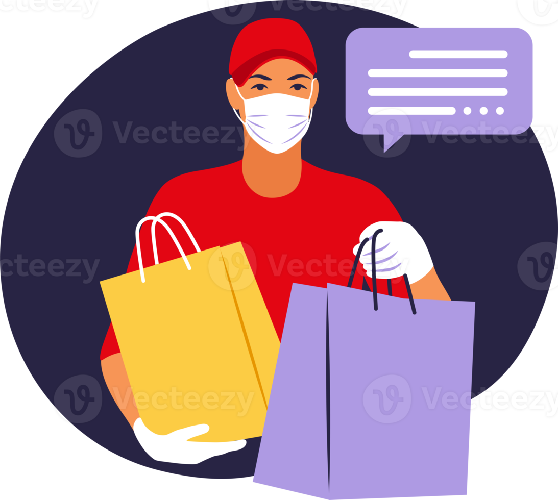 Delivery of goods during the prevention of coronovirus, Covid-19. Courier in a face mask with a box in his hands. Portrait from the waist up. png