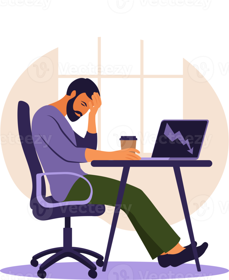 Professional burnout syndrome. Illustration tired office worker sitting at the table. Frustrated worker, mental health problems. png