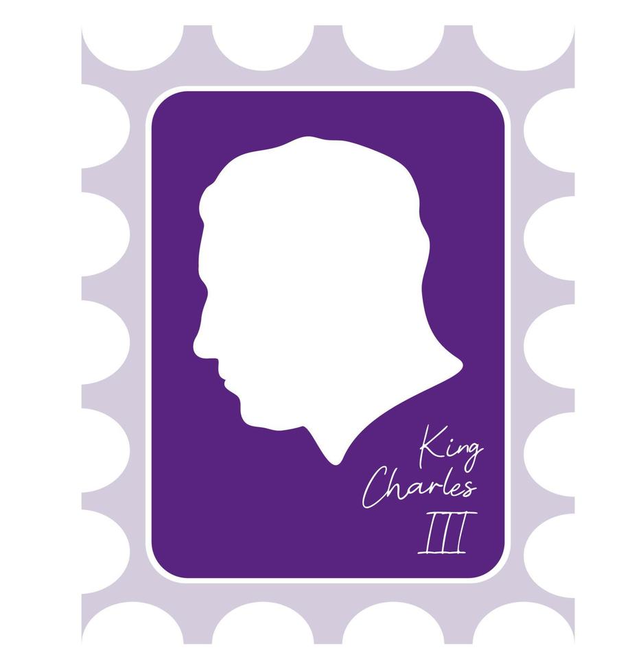 British monarch. Postage stamp with silhouette of King Charles III. Head side view profile silhouette Prince of Wales. Vector illustration.