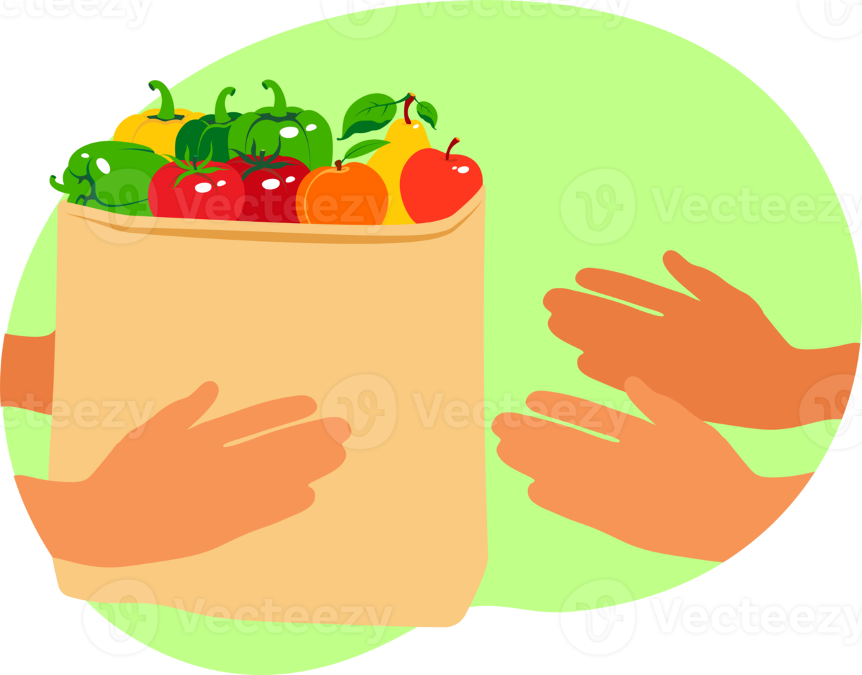 Online food order. Contactless express safe delivery service. Paper package with fresh food from supermarket in gloves hands. Care about health. Flat style. png