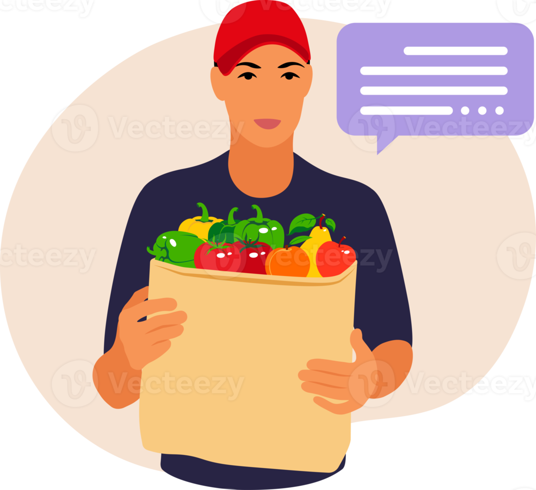 Delivery of goods. Courier with paper bag with fruit and vegetable in his hands. png