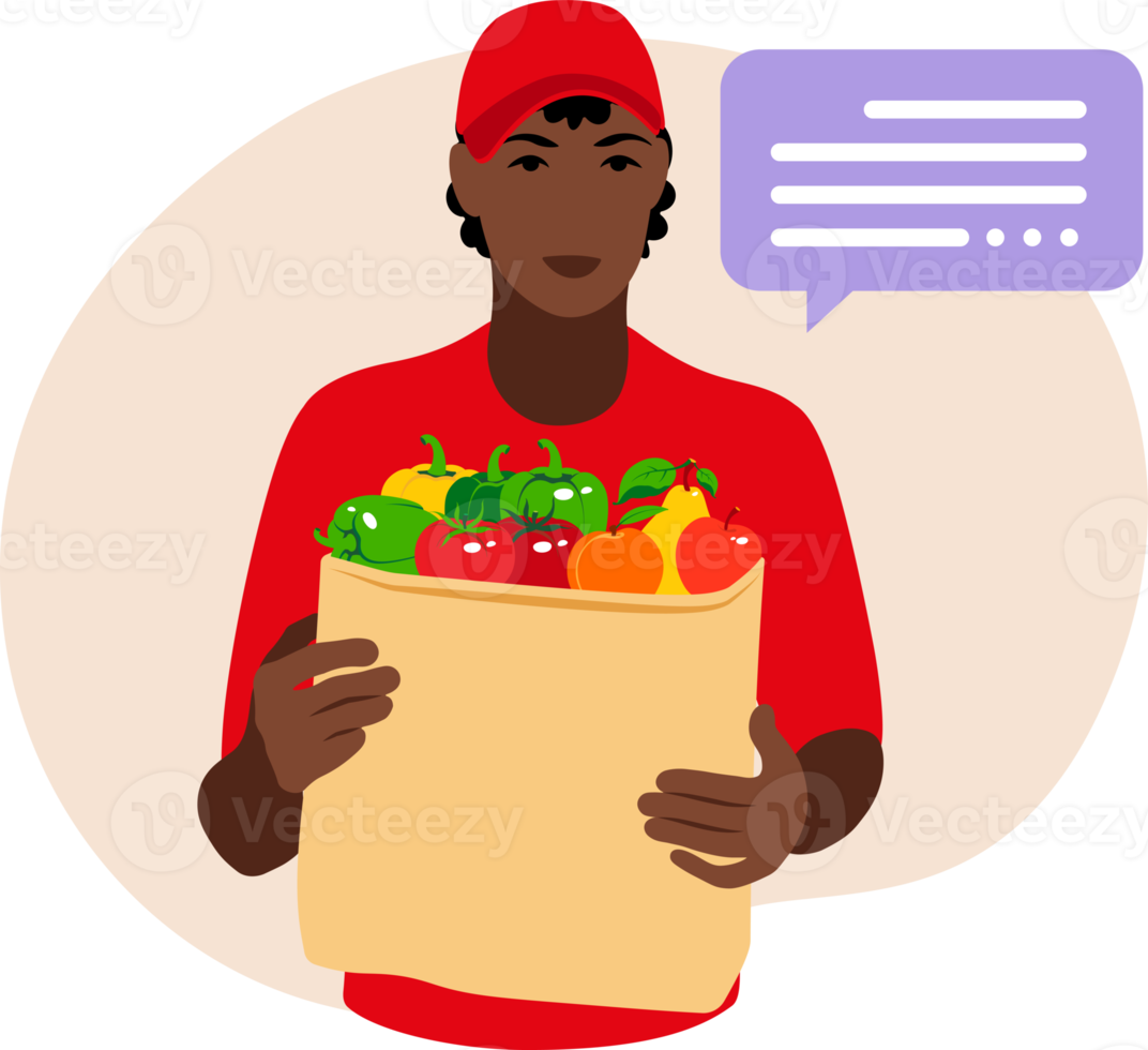 entrega de bienes. mensajero africano con bolsa de papel con frutas y verduras en las manos. png