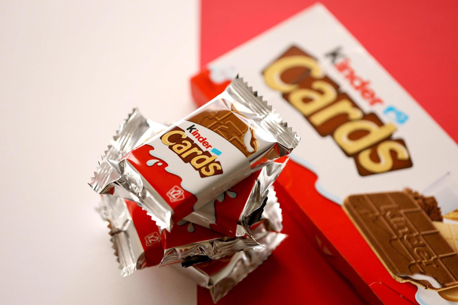 TERNOPIL, UKRAINE - JUNY 3, 2022 Kinder Chocolate Cards product pack. Kinder is a confectionery product brand line of multinational confectionery Ferrero. photo