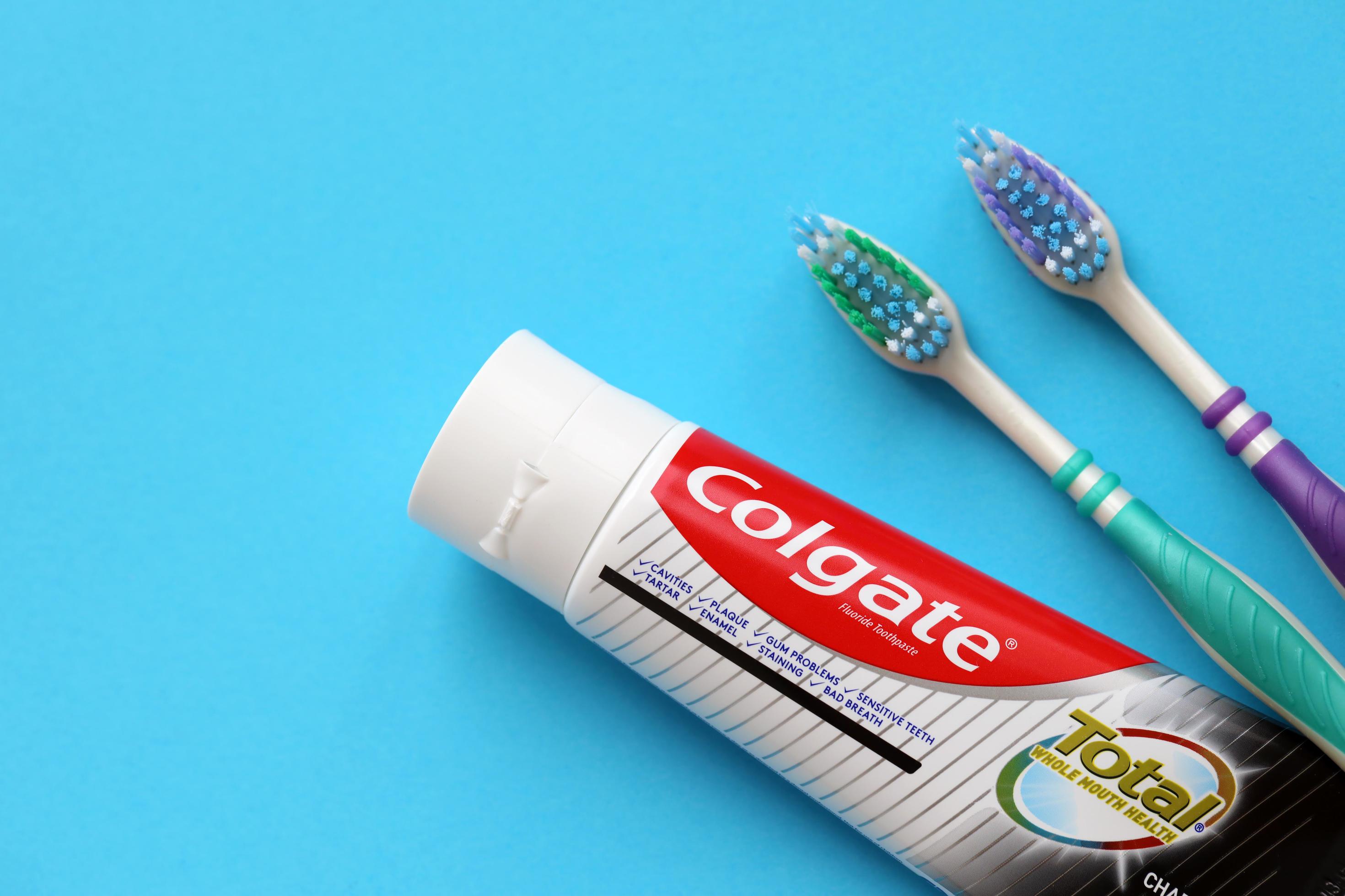 TERNOPIL, UKRAINE JUNE 23, 2022 Colgate toothpaste and toothbrushes