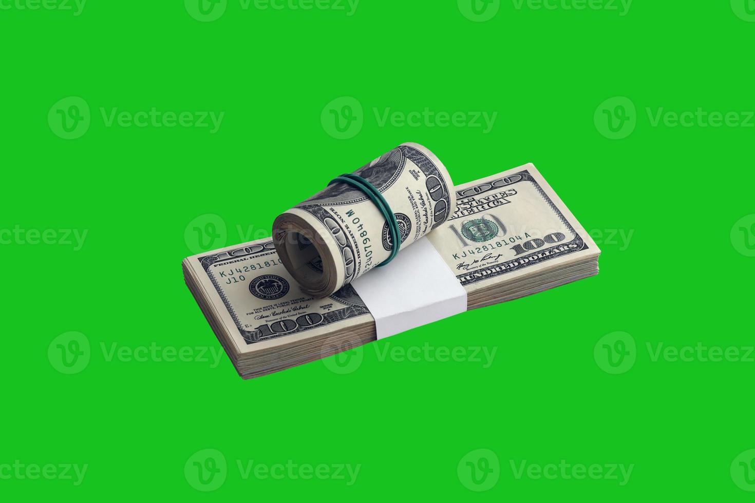 Bundle of US dollar bills isolated on chroma keyer green. Pack of american money with high resolution on perfect green mask photo