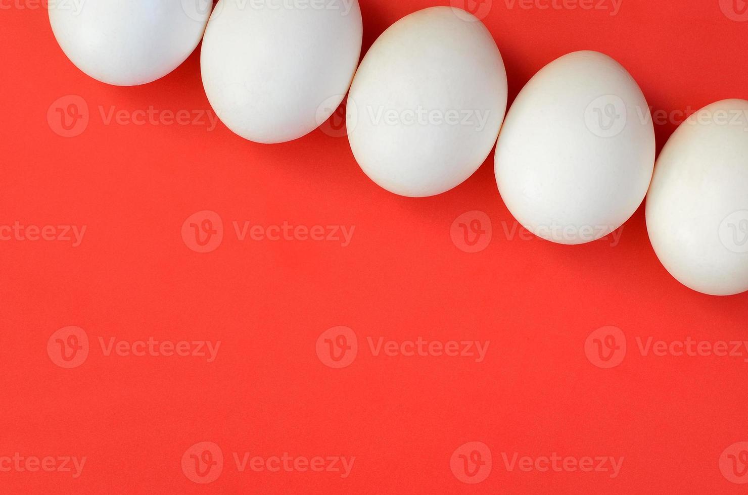 A few white eggs on a bright red background photo