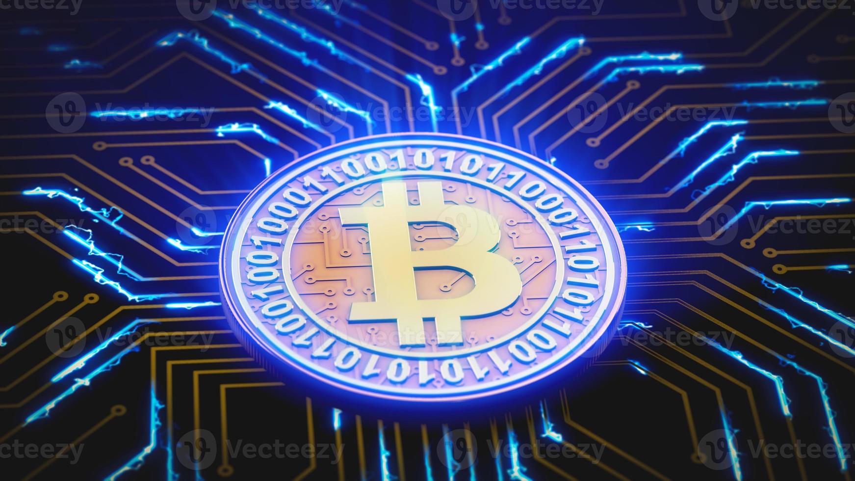 bitcoin pulsates on a circuit board photo