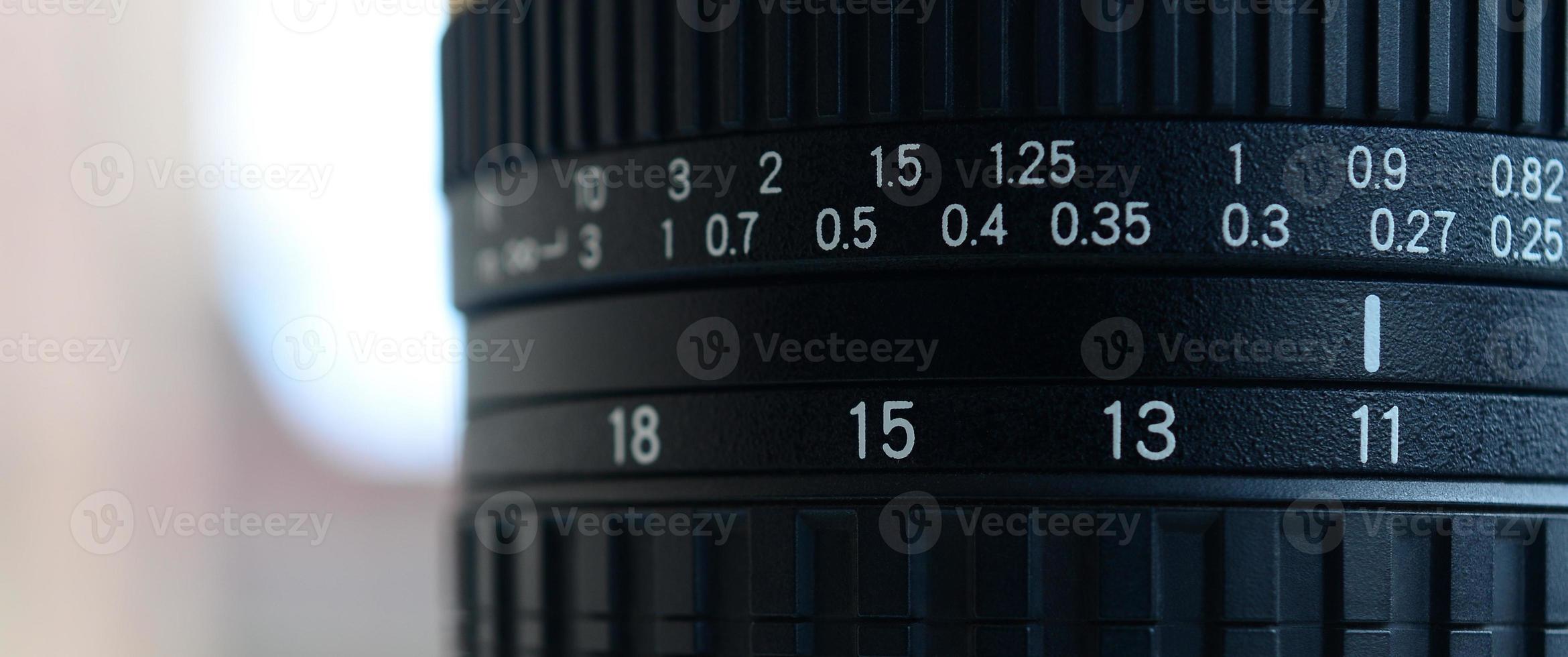 Fragment of a wide angle zoom lens for a modern SLR camera. The set of distance values is indicated by white numbers on the black body photo