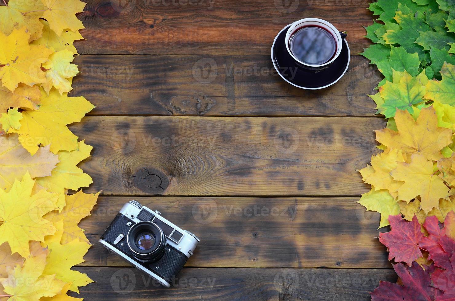 A cup of tea and an old camera among a set of yellowing fallen autumn leaves on a background surface of natural wooden boards of dark brown color photo