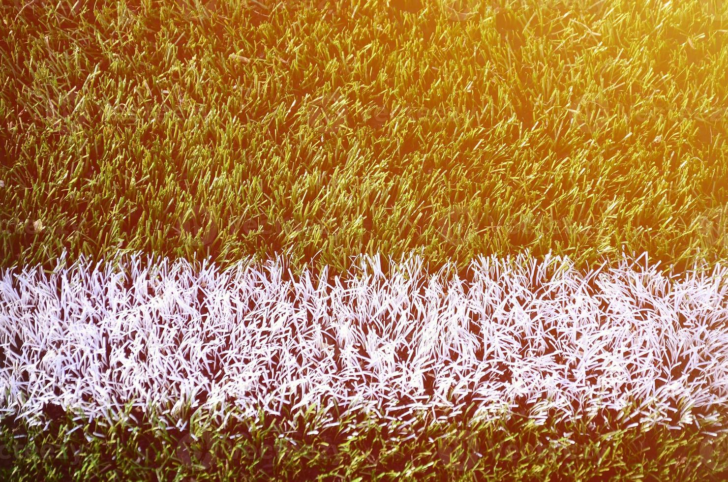 White stripe on a bright green artificial grass soccer field photo