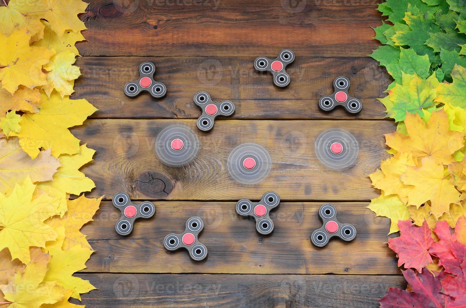 Several spinners among the many yellowing fallen autumn leaves on the background surface of natural wooden boards of dark brown color photo