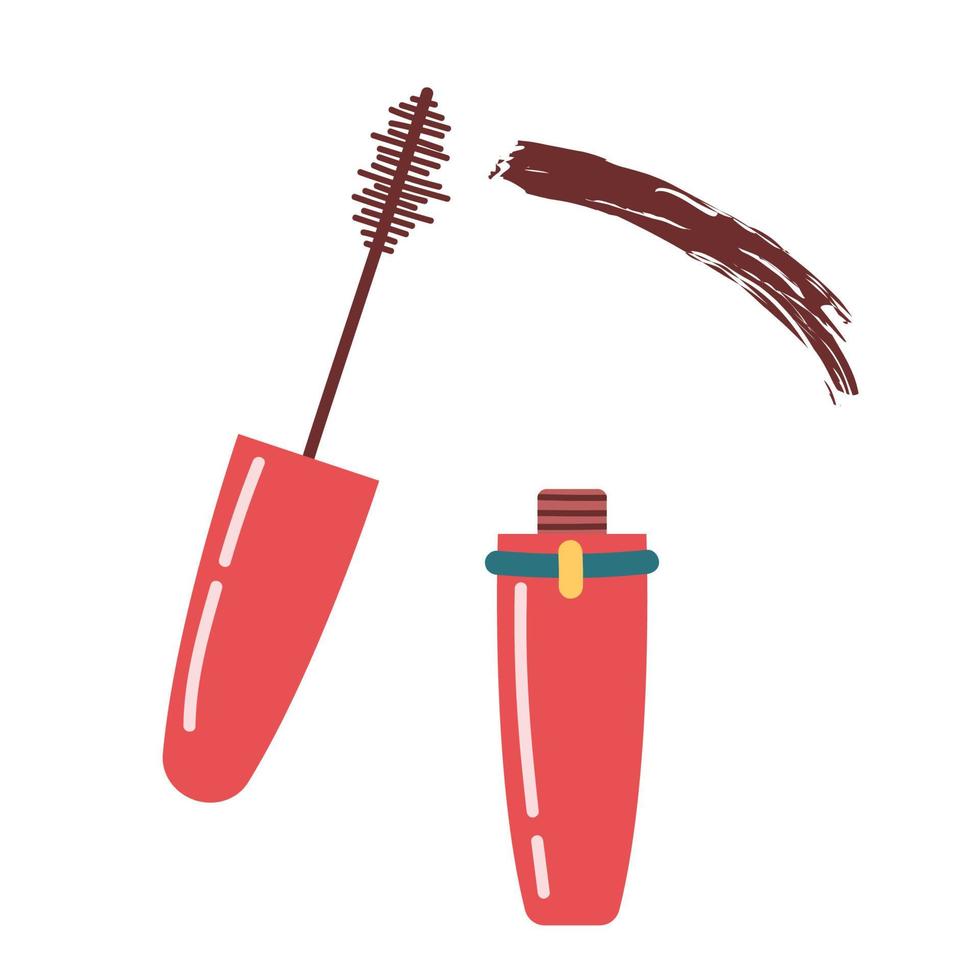 Opened mascara with brush. Hand drawn makeup product in cartoon style. Vector illustration isolated on white background.