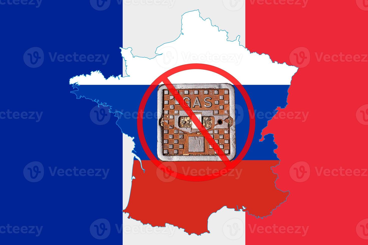 Outline map of France with the image of the national flag. Manhole cover of the gas pipeline system on the flag of Russia inside the map. Collage. Energy crisis. photo