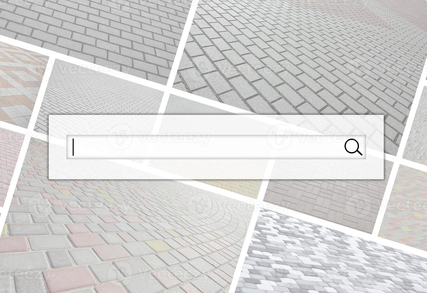 Visualization of the search bar on the background of a collage of many pictures with fragments of paving tiles close-up. Set of images with pavement stone photo
