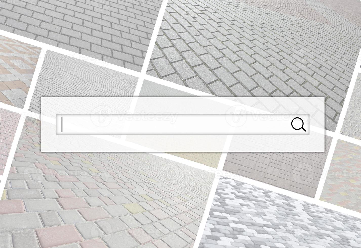 Visualization of the search bar on the background of a collage of many pictures with fragments of paving tiles close-up. Set of images with pavement stone photo