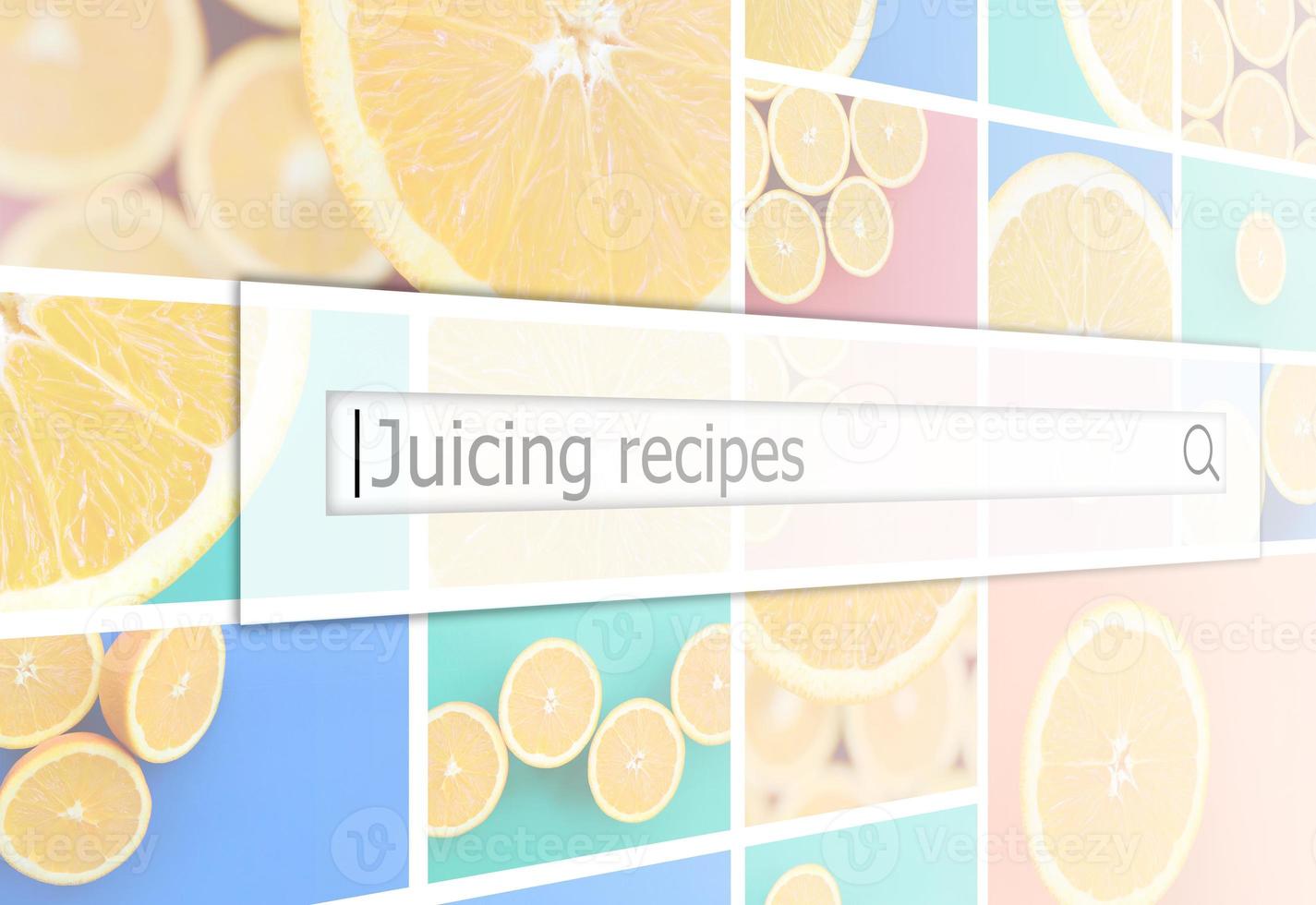 Visualization of the search bar on the background of a collage of many pictures with juicy oranges. Juicing recipes photo