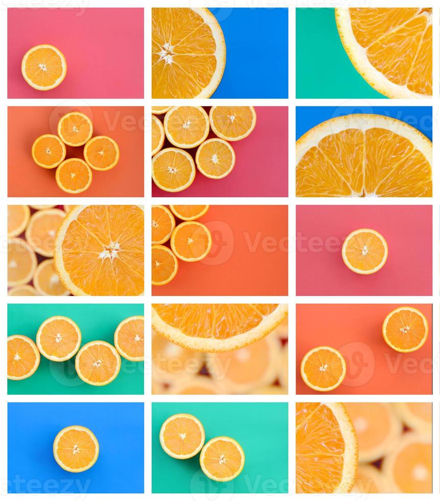 A collage of many pictures with juicy oranges. Set of images with fruits on backgrounds of different colors photo