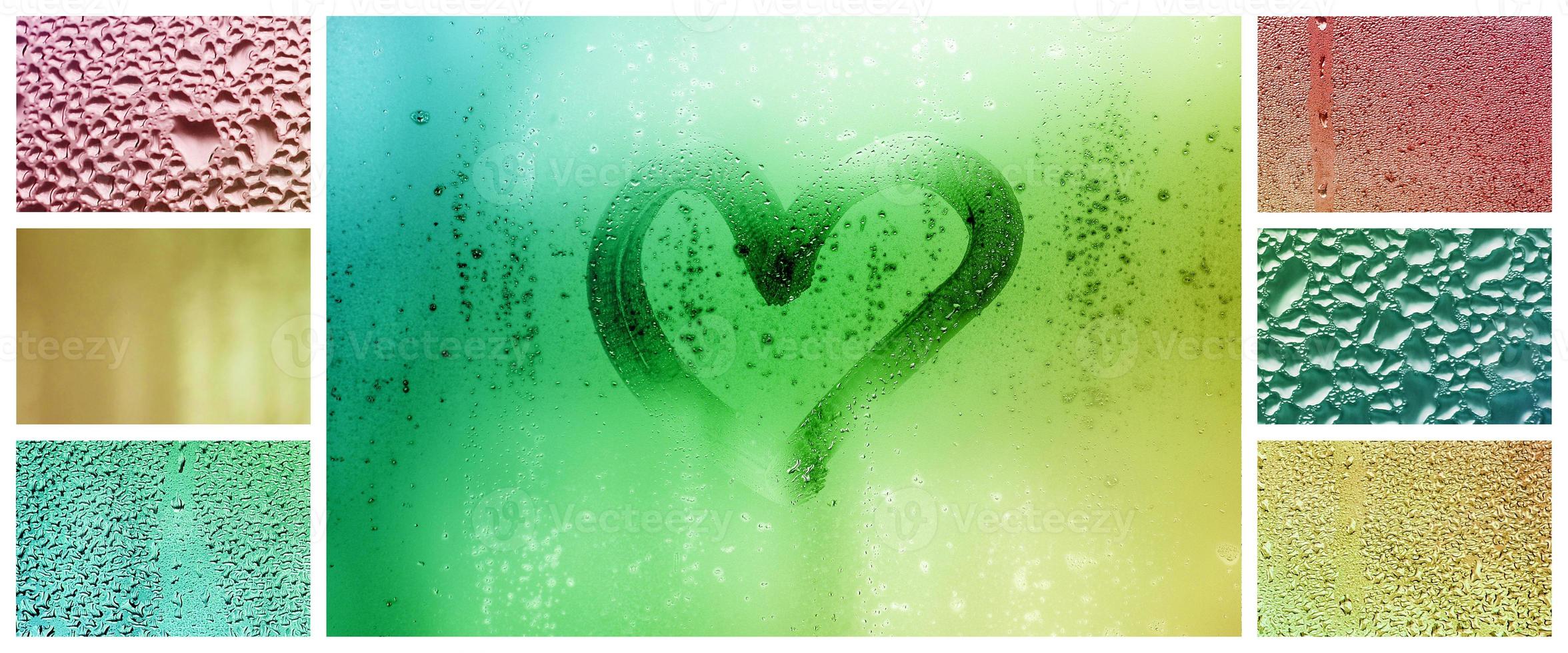 A collage of many different fragments of glass, decorated with rain drops from the condensate and painted heart in center photo