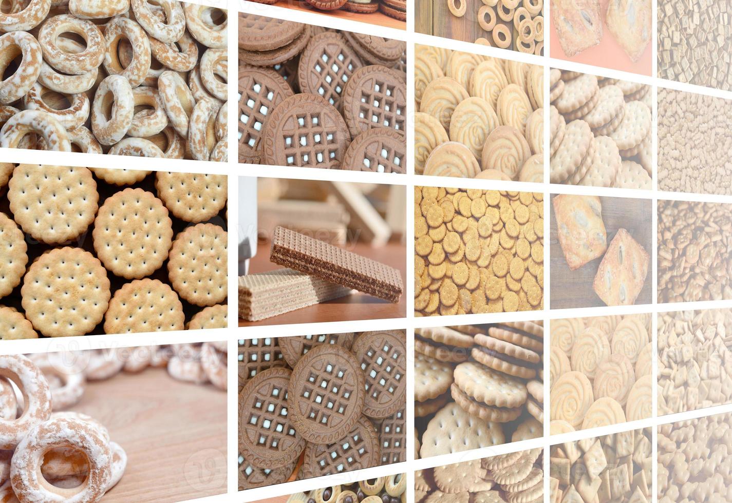A collage of many pictures with various sweets close-up. A set of images with varieties of biscuits, bagels and candies photo
