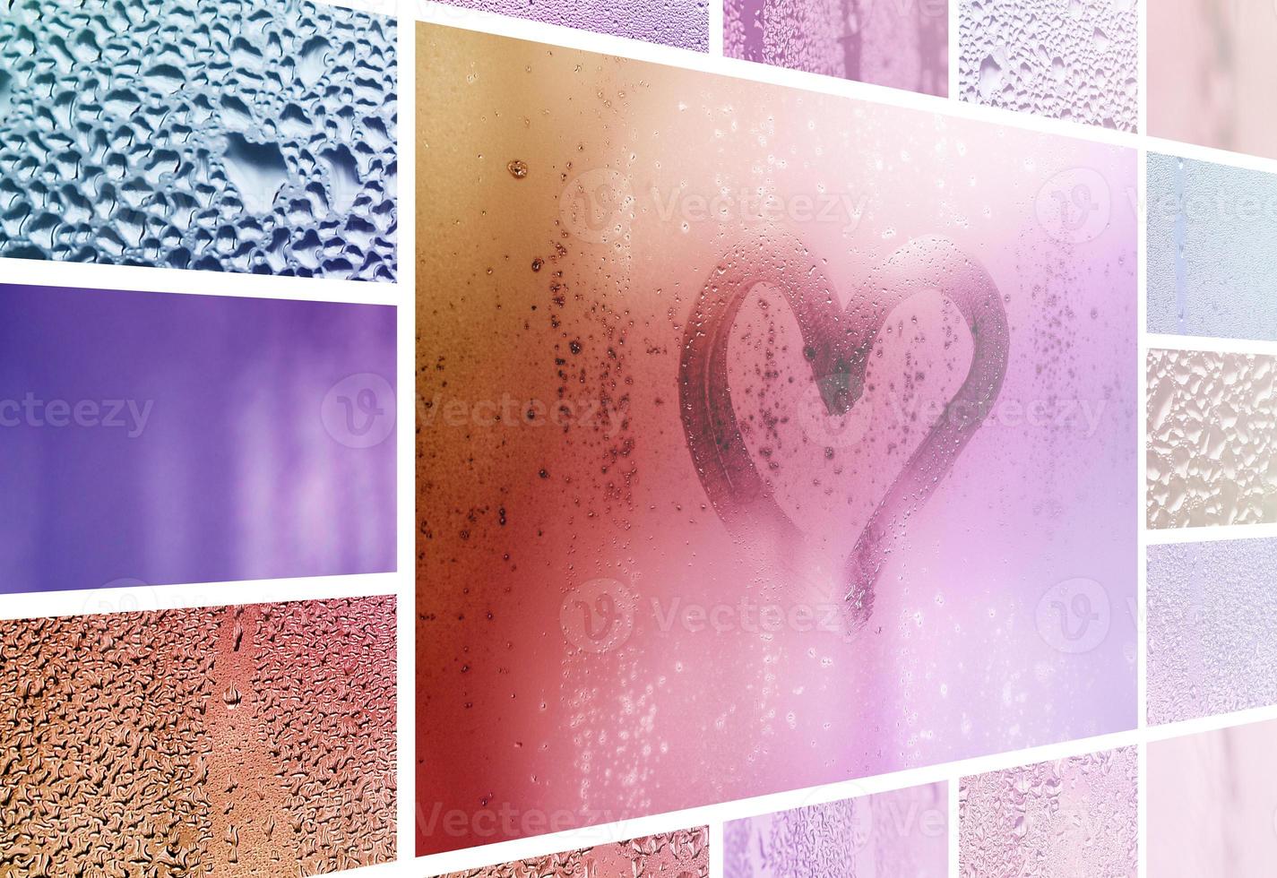 A collage of many different fragments of glass, decorated with rain drops from the condensate and painted heart in center photo