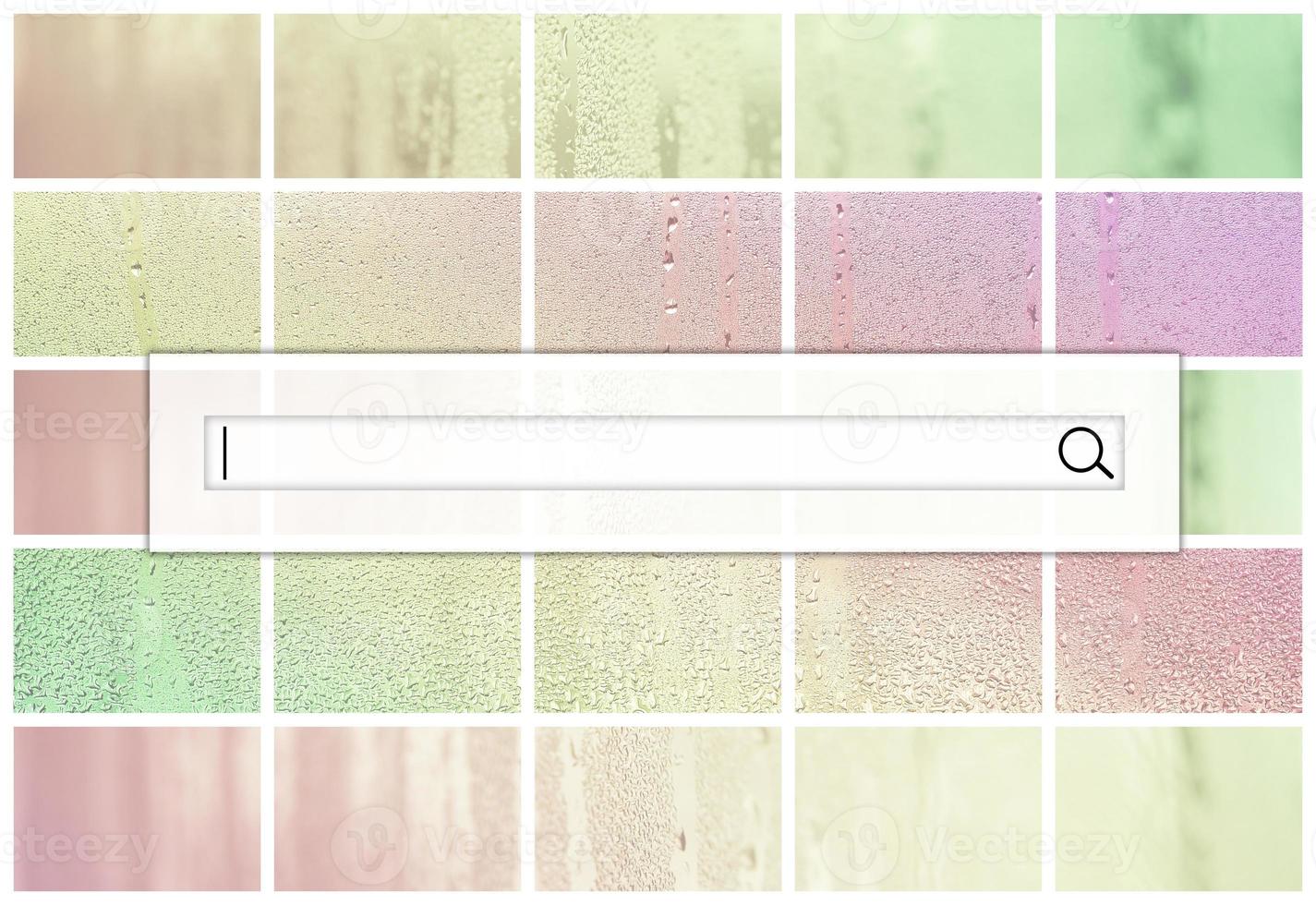 The search field is located on top of collage of many different fragments of glass, decorated with rain drops from the condensate. Rainbow colors photo