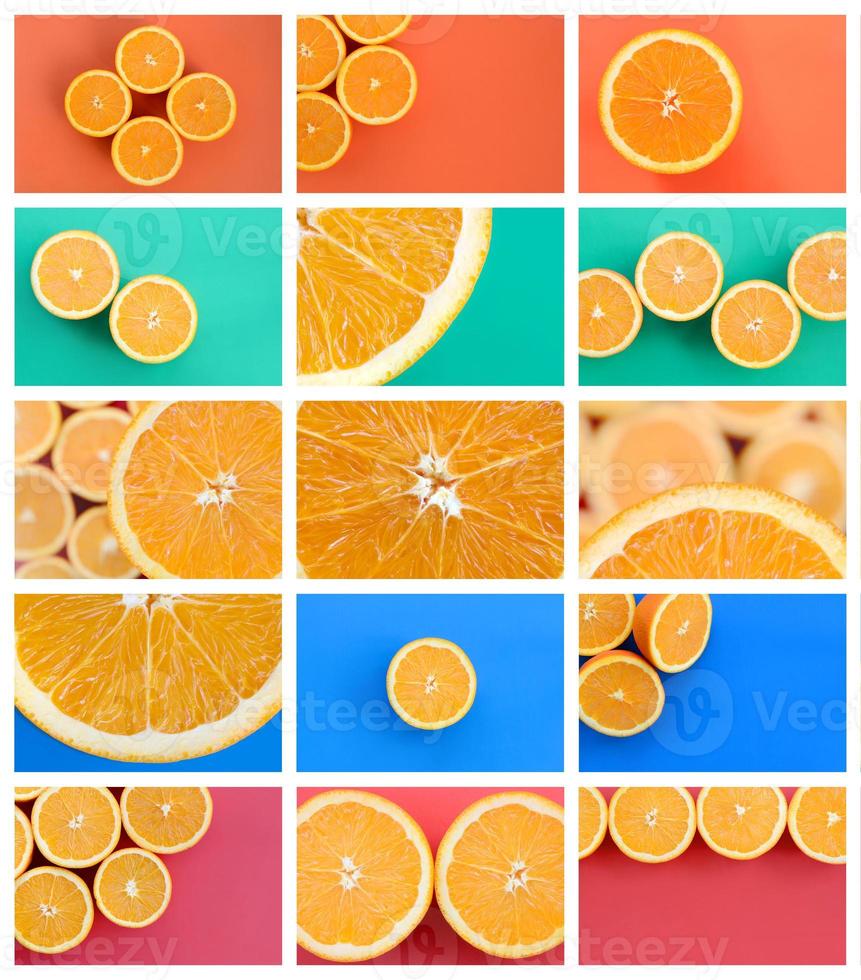 A collage of many pictures with juicy oranges. Set of images with fruits on backgrounds of different colors photo