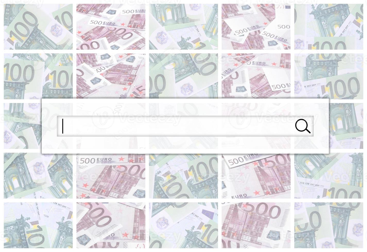 The search string is located on top of collage of many images of hundreds of dollars and euro bills lying in a pile photo