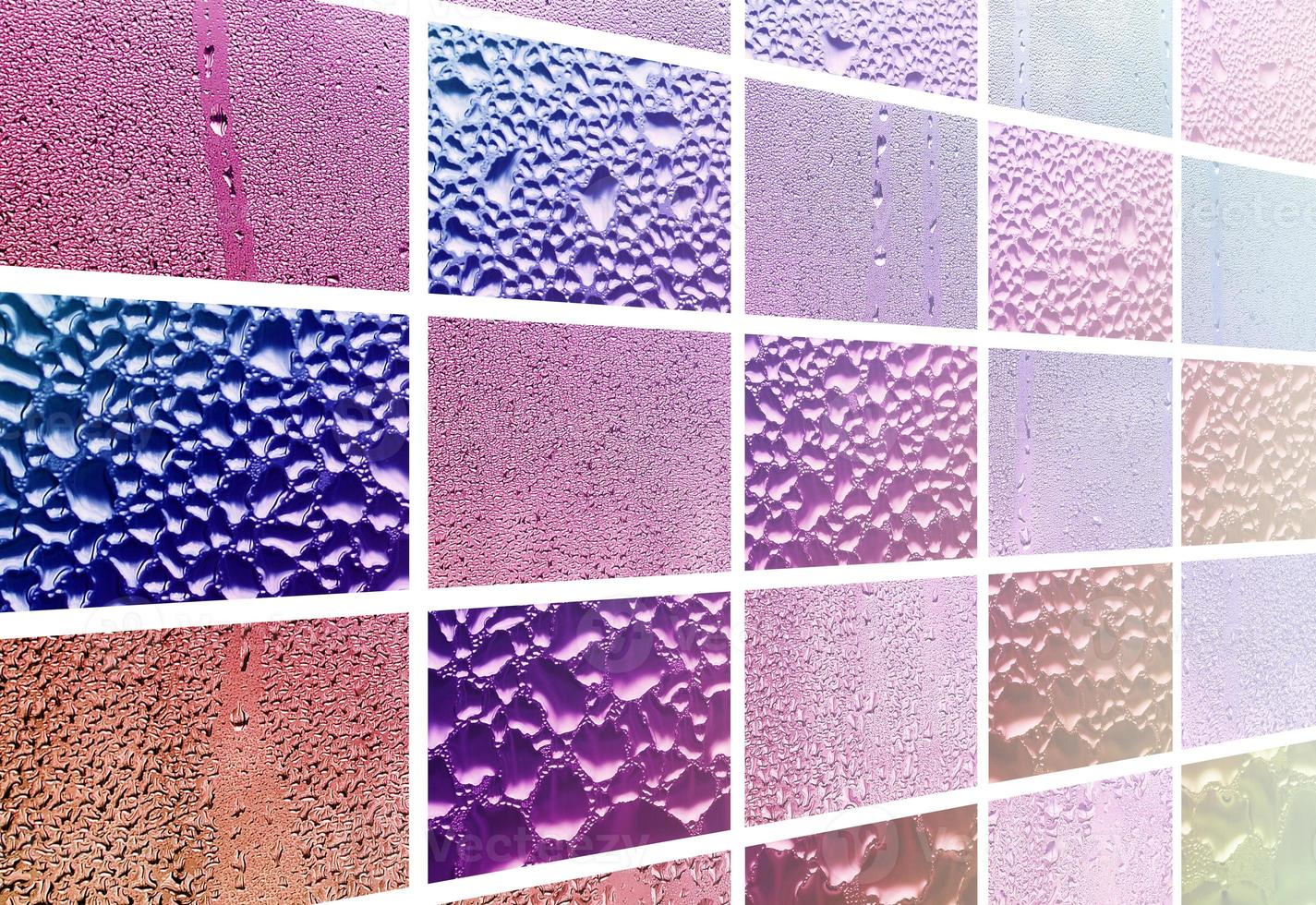 A collage of many different fragments of glass, decorated with rain drops from the condensate. Purple and violet tones photo