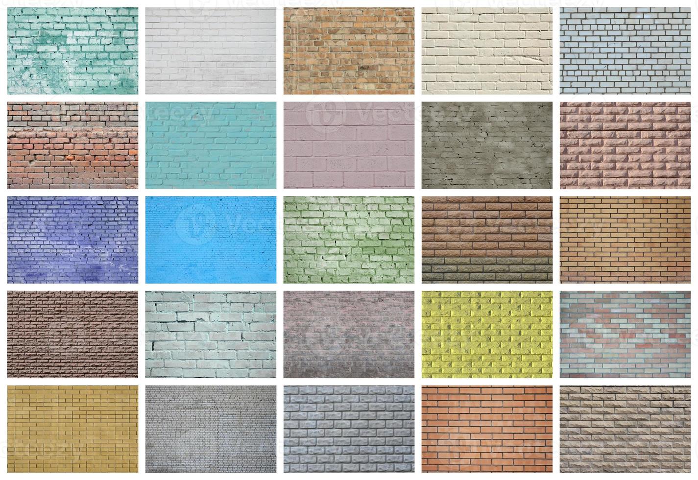 A collage of many pictures with fragments of brick walls of different colors close-up. Set of images with varieties of brickwork photo