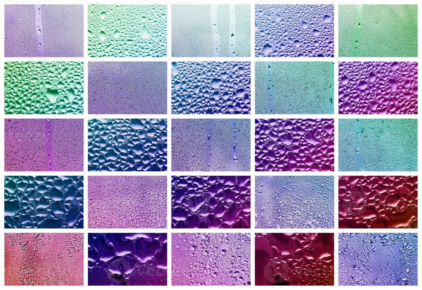 A collage of many different fragments of glass, decorated with rain drops from the condensate. Purple and violet tones photo
